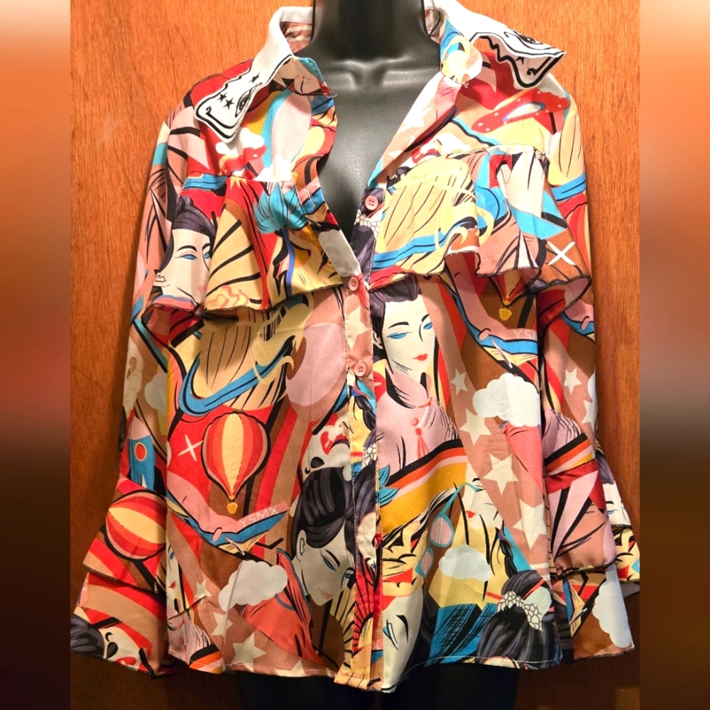 HOST PICK! ๐Qing Pinz GORGEOUS embroidered ruffle colorful art top szM - Picture 1 of 10